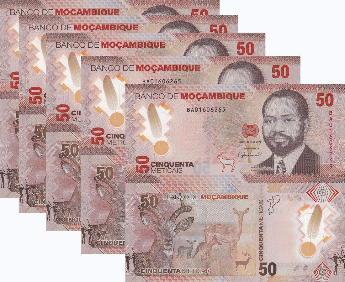 Mozambique 50 Meticais 2024 Polymer P 156 Kudu Antelopes UNC LOT 5 PCS