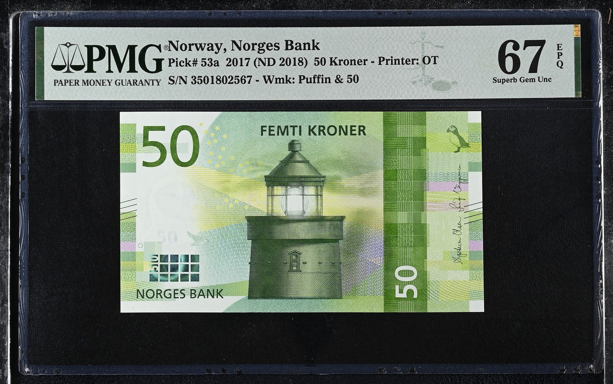 Norway 50 Kroner 2017 ND 2018 P 53 a Superb Gem UNC PMG 67 EPQ