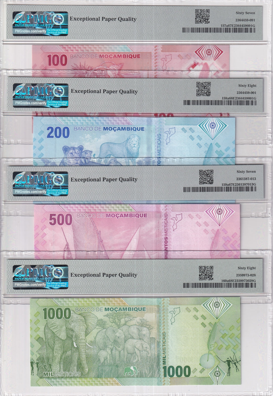 Mozambique Set 4; 100 200-1000 Meticais 2024 P 160 Superb Gem UNC PMG 67 68 EPQ