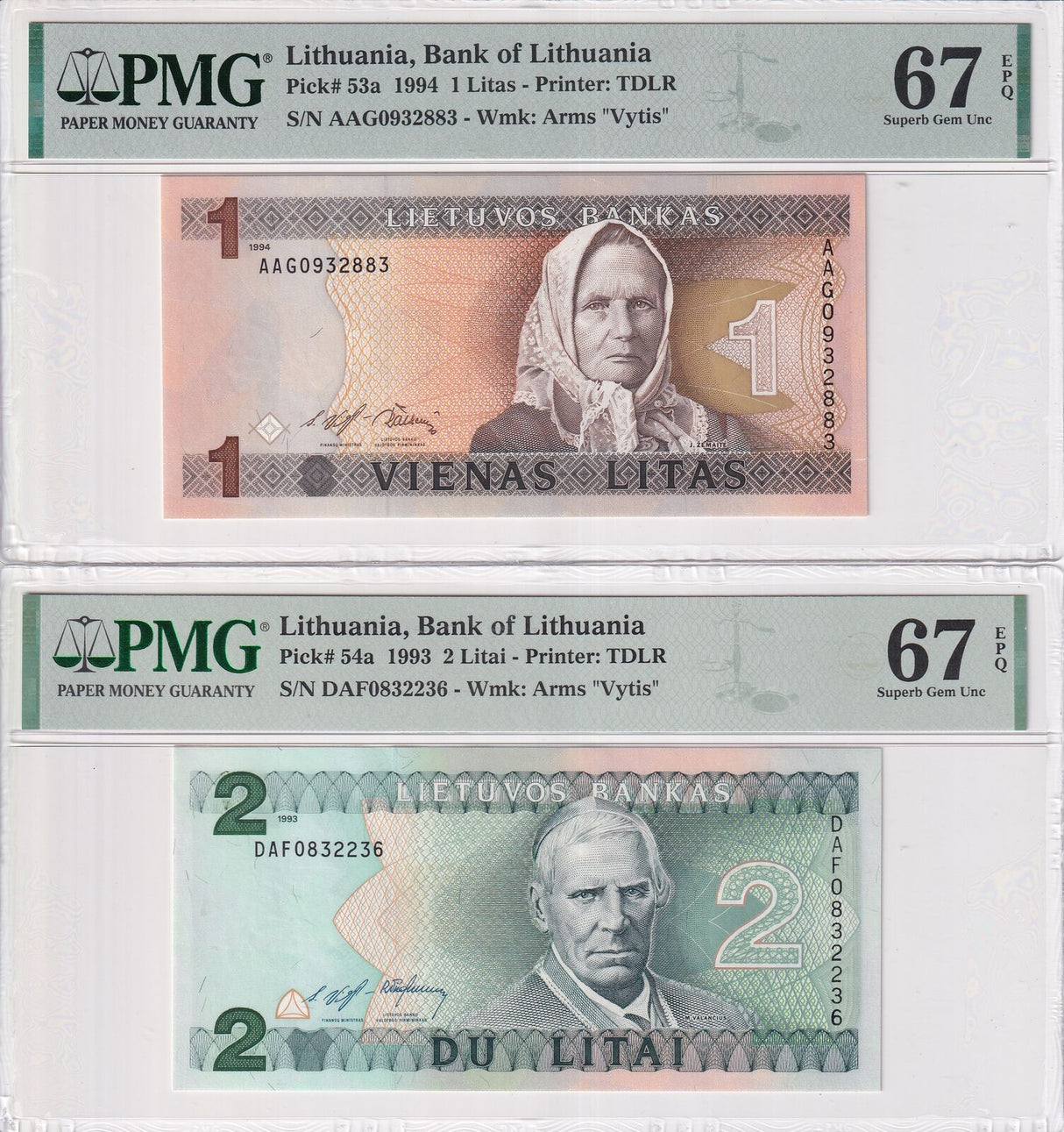 Lithuania SET 2 ,1 2 Litas 1993 1994 P 53 a P 54 a Superb Gem UNC PMG 67 EPQ