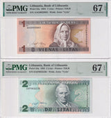 Lithuania SET 2 ,1 2 Litas 1993 1994 P 53 a P 54 a Superb Gem UNC PMG 67 EPQ