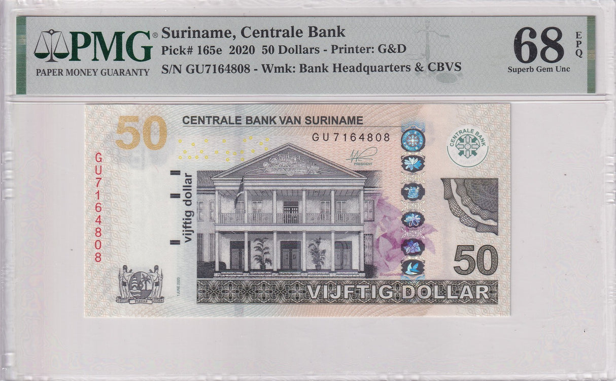 Suriname 50 Dollars 2020 P 165 e Superb Gem UNC PMG 68 EPQ