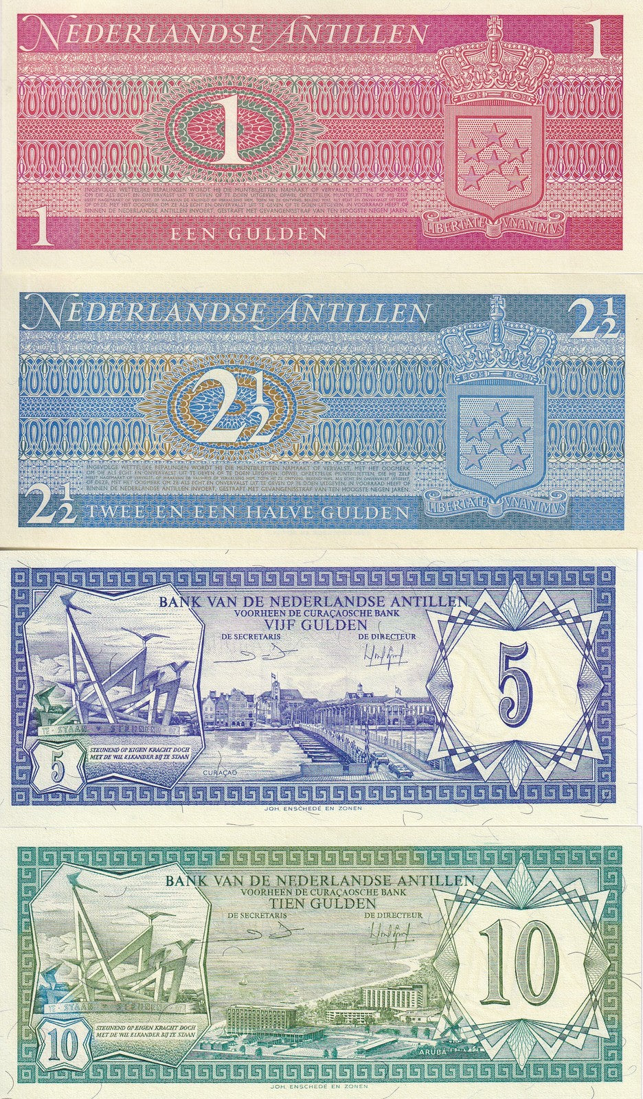 Netherlands Antilles Set 4 UNC 1 2 1/2 5 10 Gulden 1970 1984 P 15 16 20 P 21