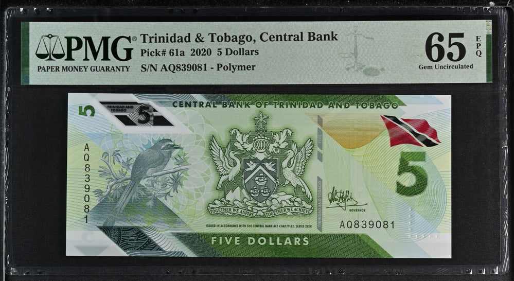 Trinidad & Tobago 5 Dollars 2020 P 61 a Polymer Gem UNC PMG 65 EPQ