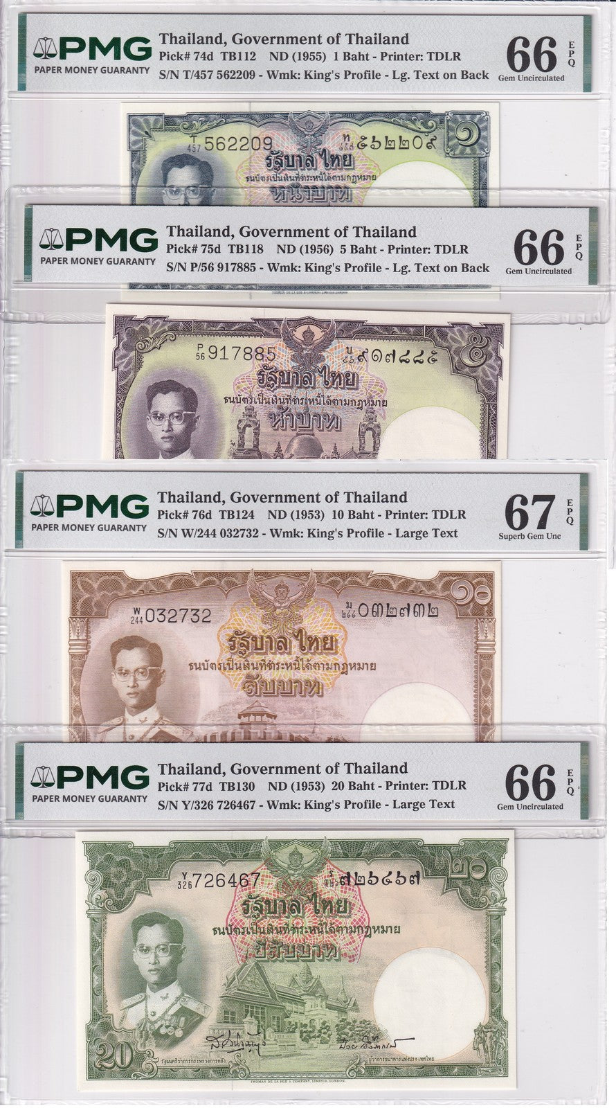 Thailand set 4, 1 5 10 20 BAHT ND 1953-1956 P 74 75 76 77 Gem UNC PMG 66 67 EPQ