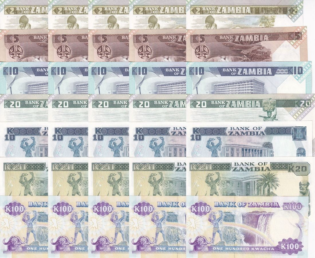 Zambia Set 7 X Lot 5 = 35 UNC 2 5 10 20 100 Kwacha 1980 - 1991 P 24 25 26 27-34