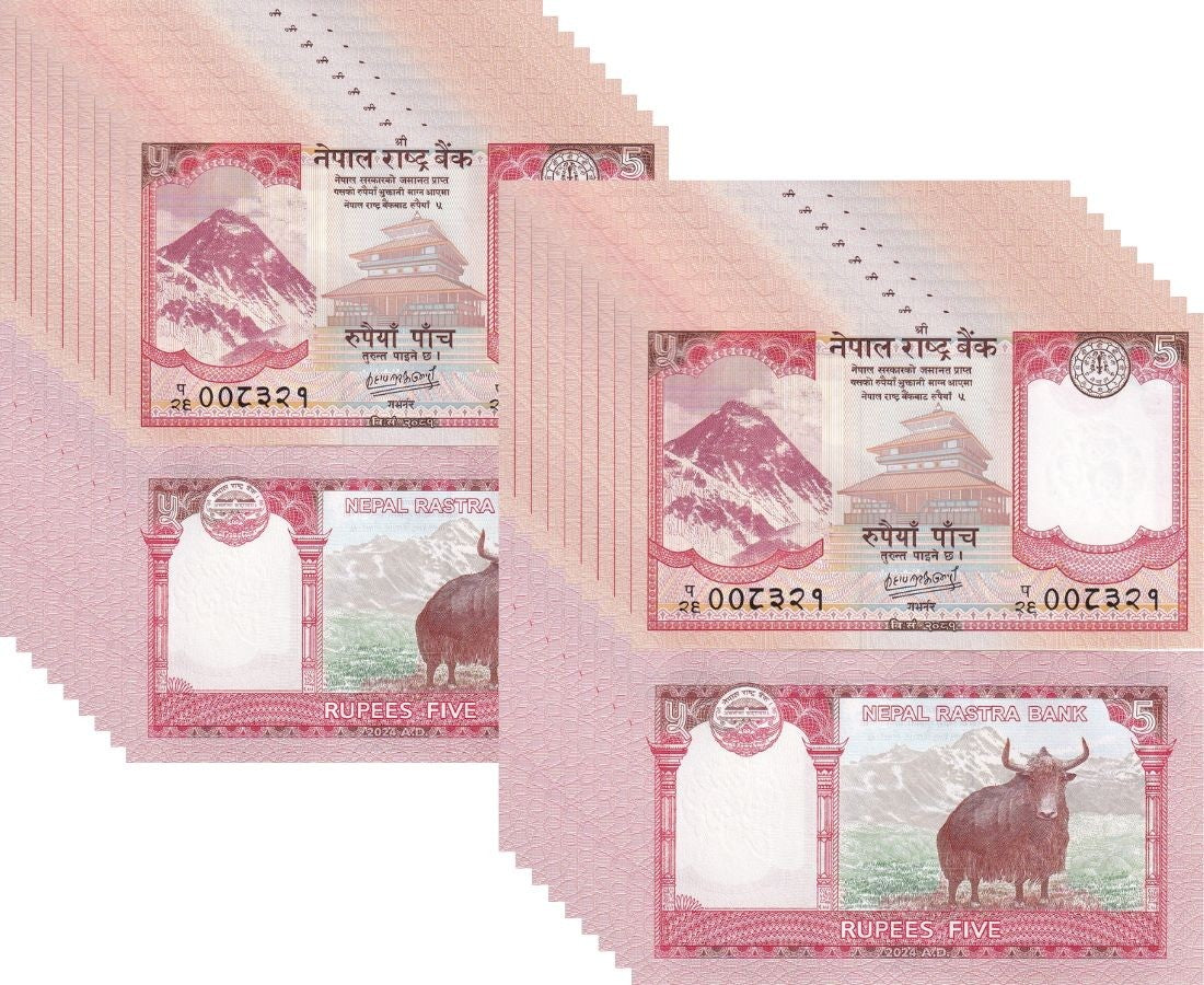 Nepal 5 Rupees 2024 P 76 UNC LOT 20 PCS, Mount Everest, Taleju temple, Yak