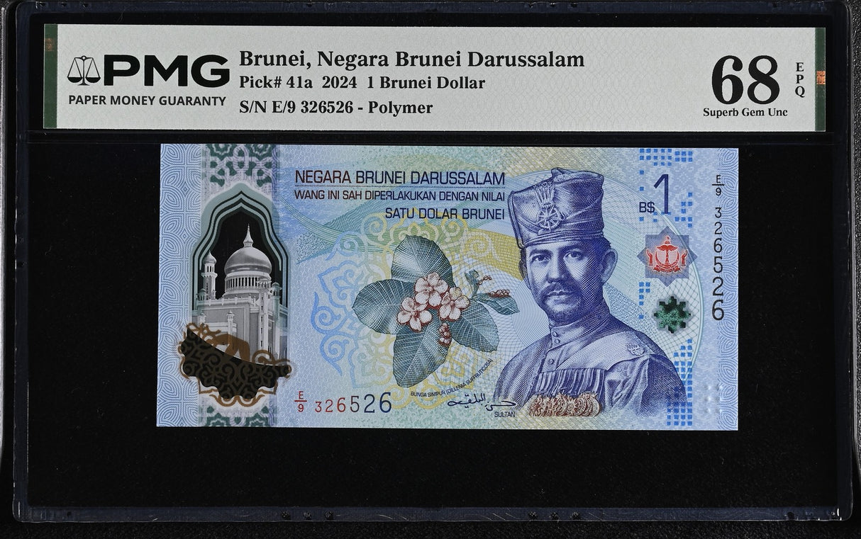 Brunei 1 Brunei Dollar 2024 P 41 a Superb Gem UNC PMG 68 EPQ TOP POP
