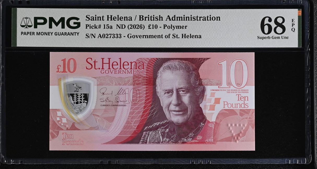St. Helena 10 Pounds ND 2026 Polymer P 15 a Superb Gem UNC PMG 68 EPQ