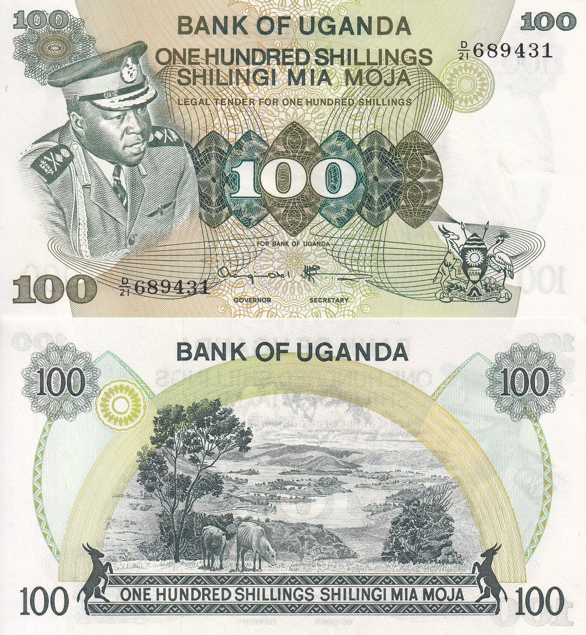 Uganda 100 Shillings ND 1973 P 9 c UNC ,President Idi Amin Dada Landscape