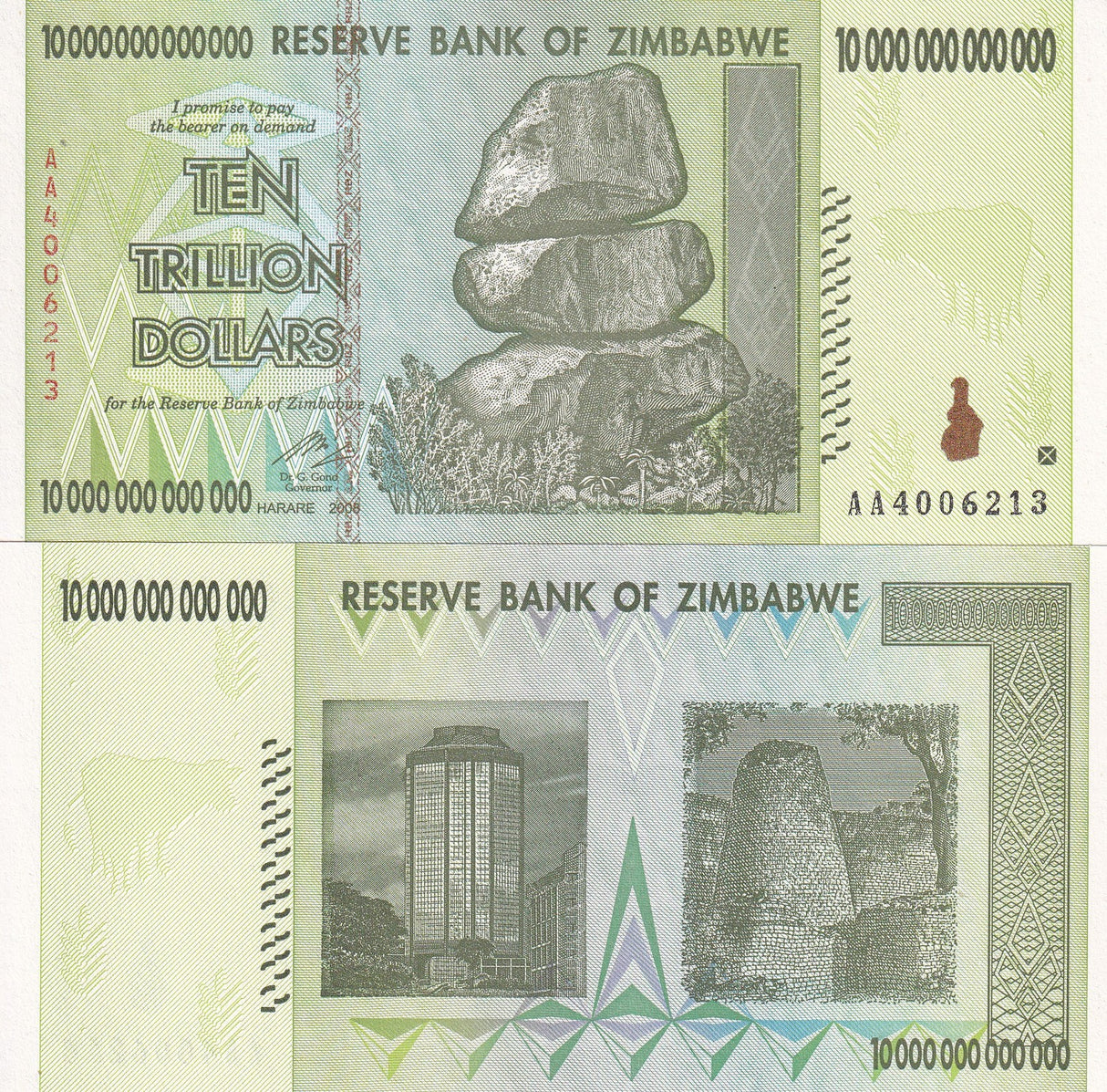 Zimbabwe 10 Trillion Dollars 2008 P 88 AA Prefix UNC,Reserve Bank of Zimbabwe bu