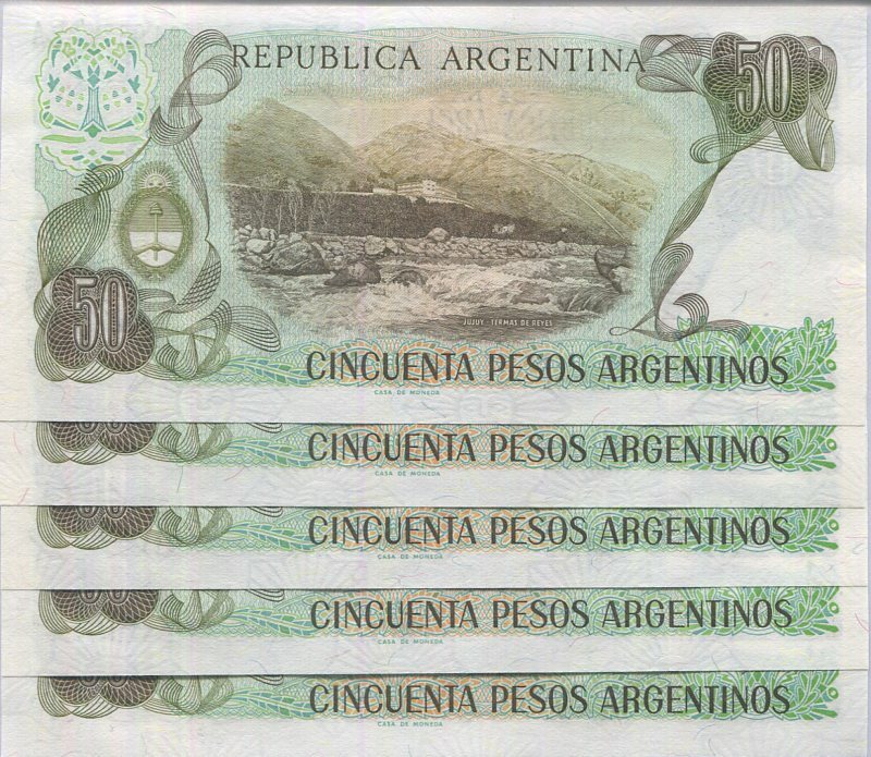 Argentina 50 Pesos Argentinos 1983 P 314 UNC LOT 5 PCS ,Termes de Reyes, Jujuy