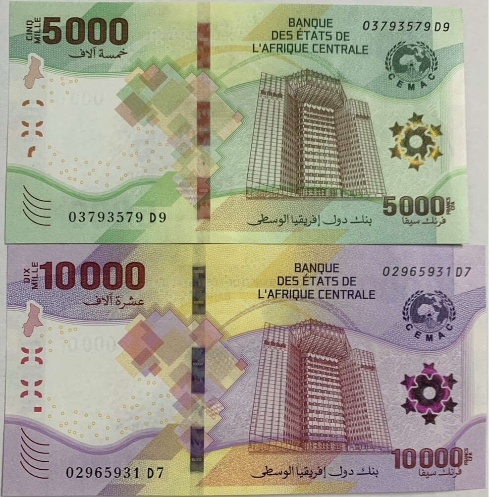 Central African States Set 5 UNC 500 1000 2000 5000 10000 FR 2020 2022 P 700-704