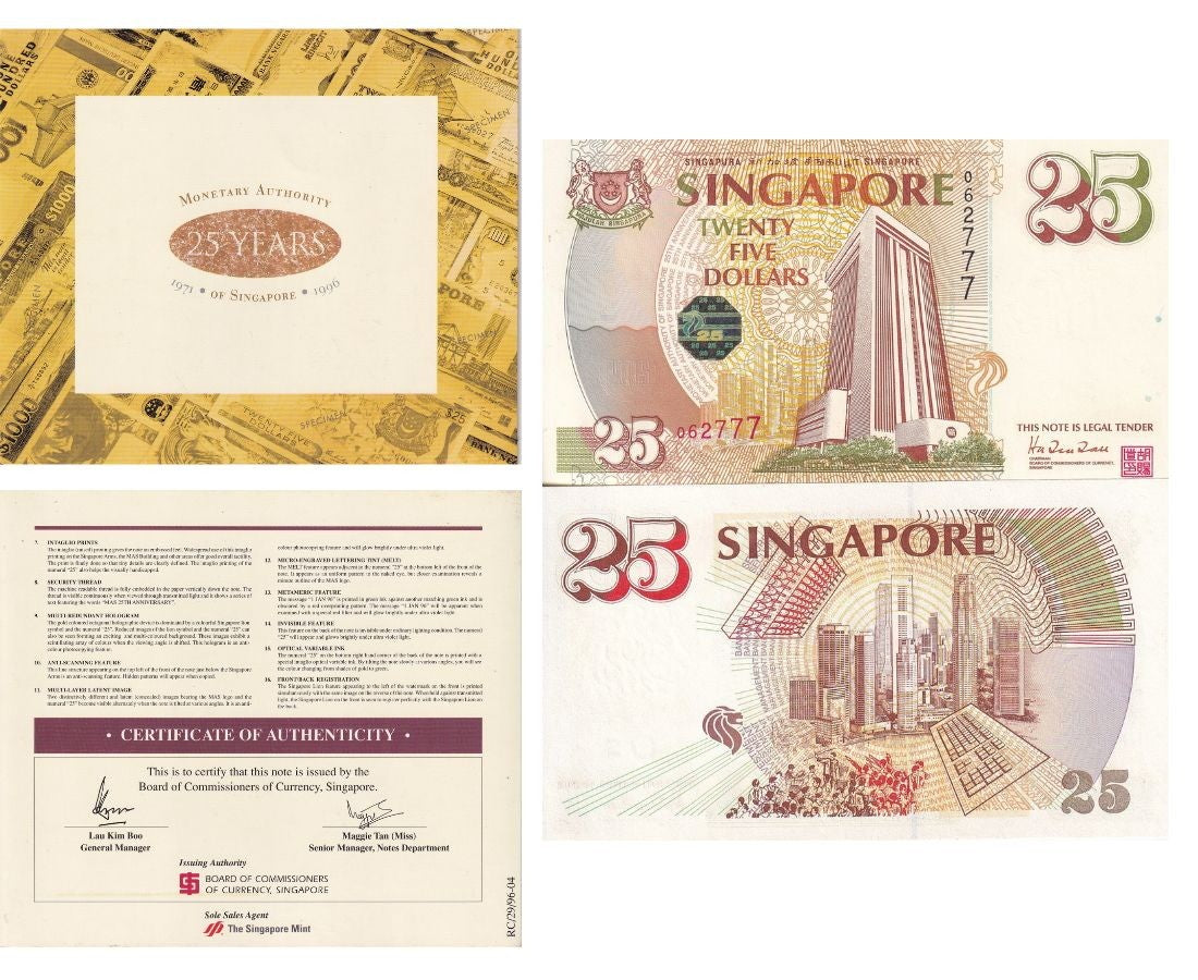 Singapore 25 Dollars ND 1996 25th Commemmorative P 33 UNC With Folder