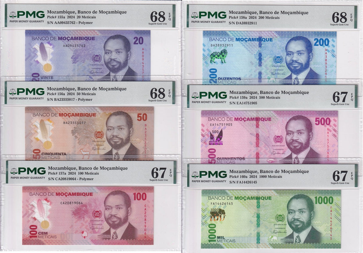 Mozambique Set 6 ;20 50-200 Meticais 2024 P 155-160 Superb Gem UNC PMG 67 68 EPQ