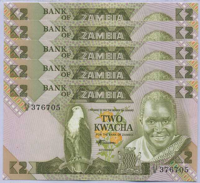 Zambia 2 Kwacha ND 1980 - 1988 P 24 UNC LOT 5 PCS
