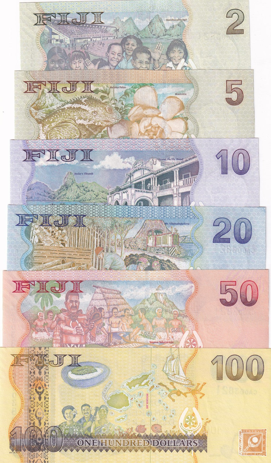 Fiji Set 6 PCS 2 5 10 20 50 100 Dollars 2007 P 109 110 111 112 113 114 UNC
