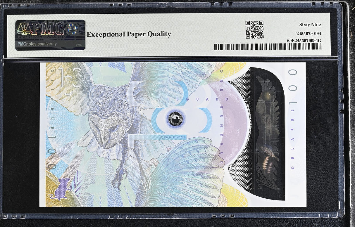TEST NOTE DE LA RUE TDLR 100 Units 2016 Polymer OWL Superb Gem UNC PMG 69 EPQ