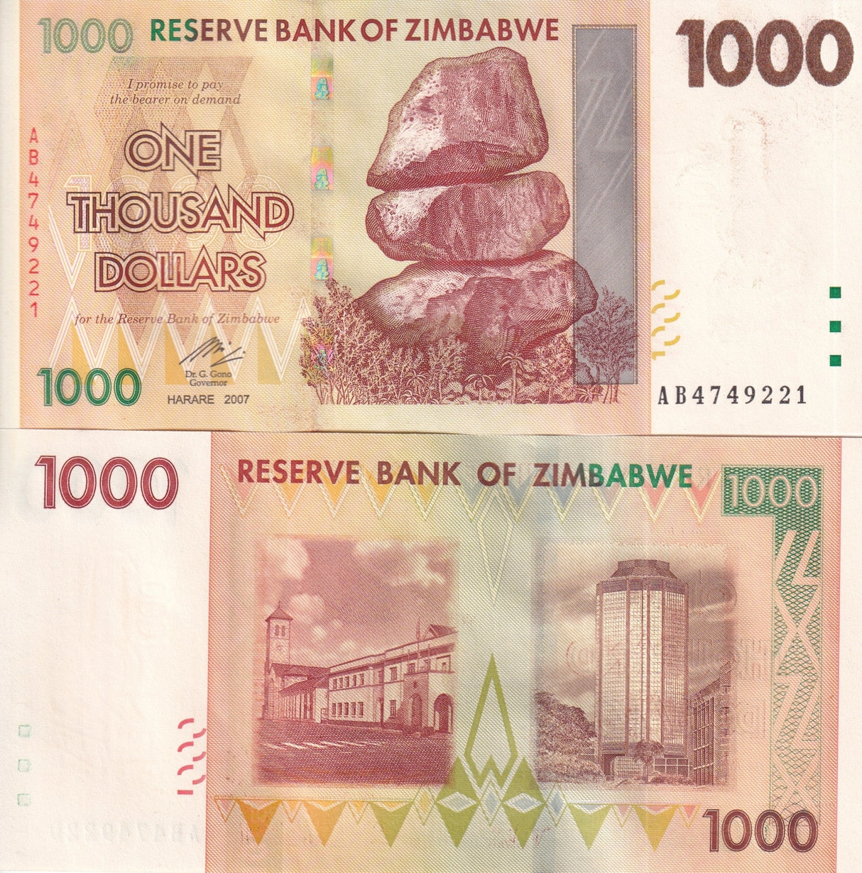 Zimbabwe 1000 Dollars 2007 P 71 UNC ,Anglican St. Mary's Cathedral, Chiremba