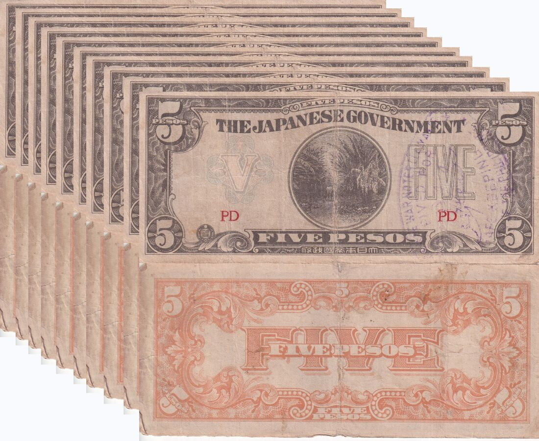 Philippines 5 PESOS 1942 WWII Japanese Occupation P 107 HEAVY USED LOT 10 PCS