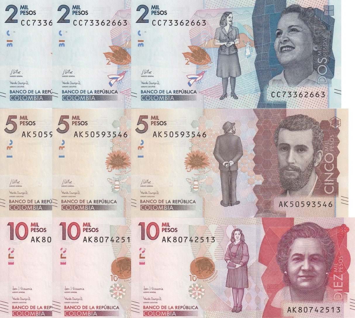 Colombia Set 3 X LOT 3 = 9 UNC  2000 5000 10000 Pesos P 458 459 460 Random Date