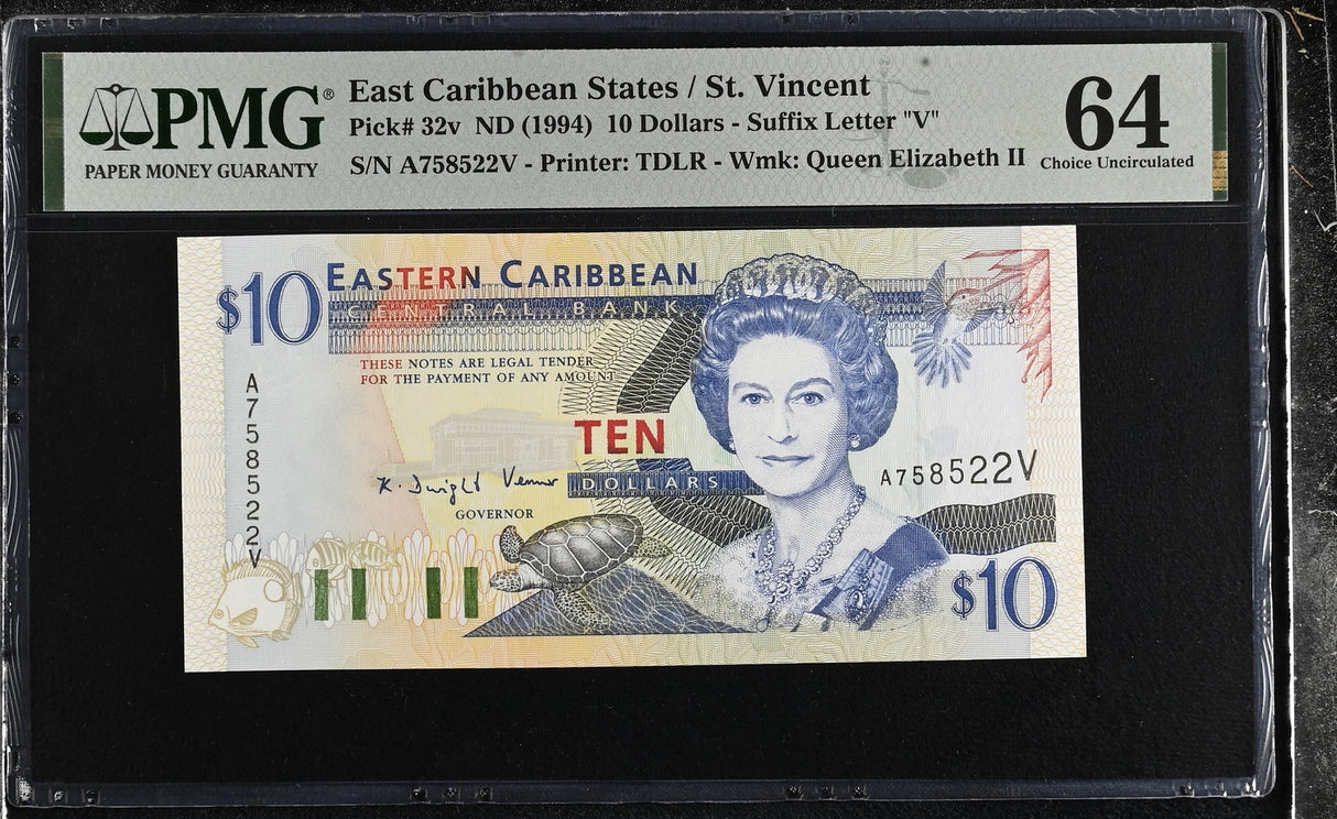 East Caribbean 10 Dollars ND 1994 P 32 v Suffix V St. Vincent Choice UNC PMG 64