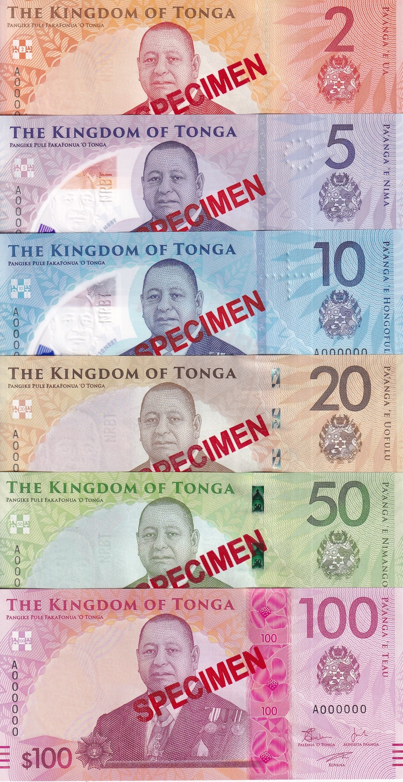 Tonga Set 6 SPECIMEN UNC 2 20 50 100 (5 10 Polymer) Pananga 2023 2024 P 50 51-55