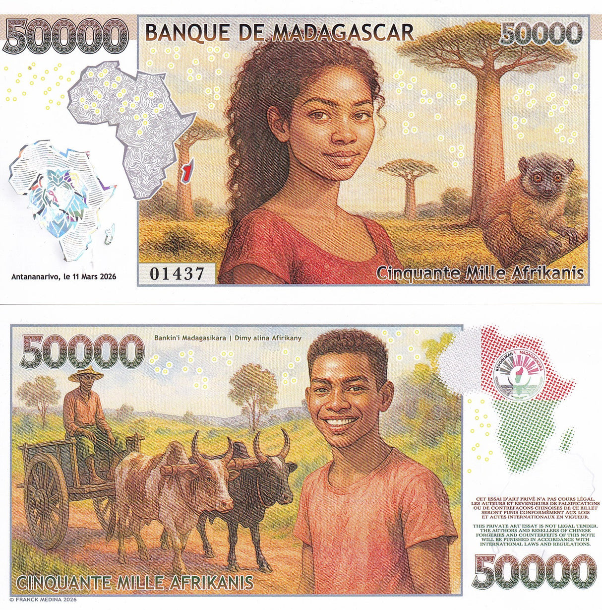 Madagascar 50000 Afrikanis 2026 Private Issue Art FANTASY Lemur Baobab Tree NEW