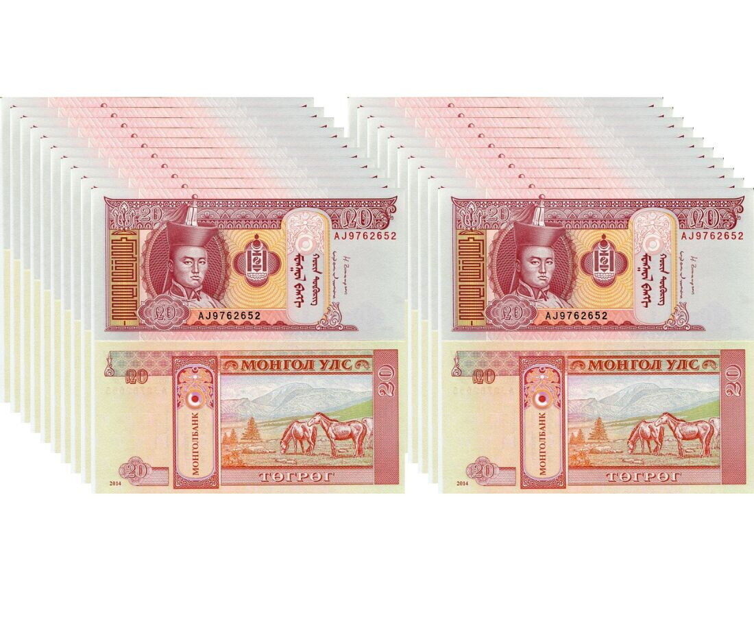 Mongolia 20 Tugrik Random Date & Signature P 63 UNC LOT 20 PCS 1/5 BUNDLE