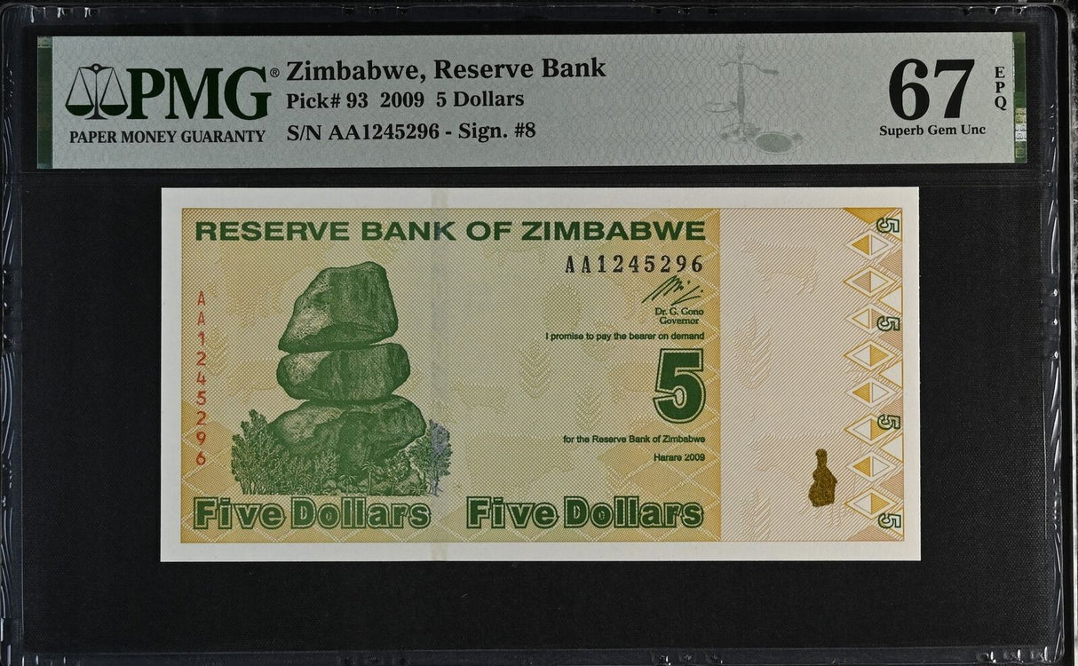 Zimbabwe 5 Dollars 2009 P 93 Superb Gem UNC PMG 67 EPQ