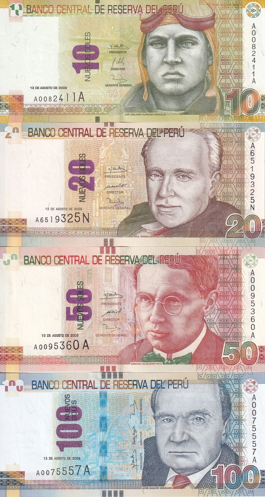 Peru Set 4 Pcs 10 20 50 100 Nuevos Sole 2009 P 182 183 184 185 UNC
