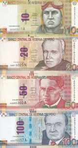 Peru Set 4 Pcs 10 20 50 100 Nuevos Sole 2009 P 182 183 184 185 UNC