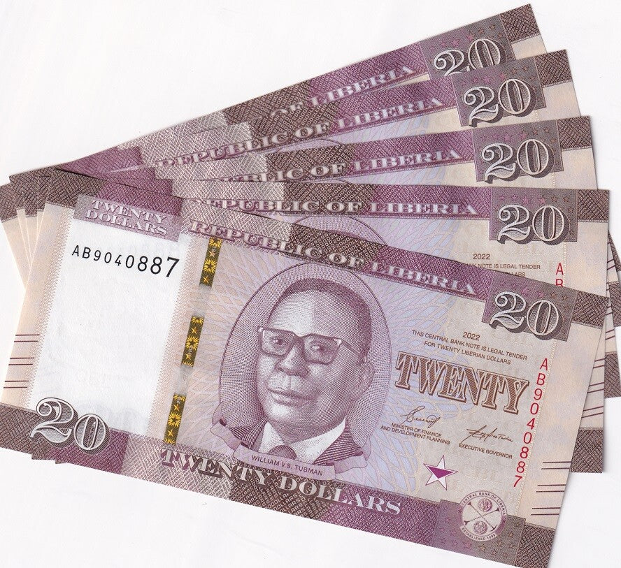Liberia 20 Dollars 2022 P 39 UNC LOT 5 PCS William Vacanarat Shadrach Tubman