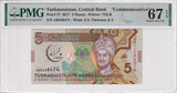 Turkmenistan 5 Manat 2017 Commemorative P 37 Superb Gem UNC PMG 67 EPQ