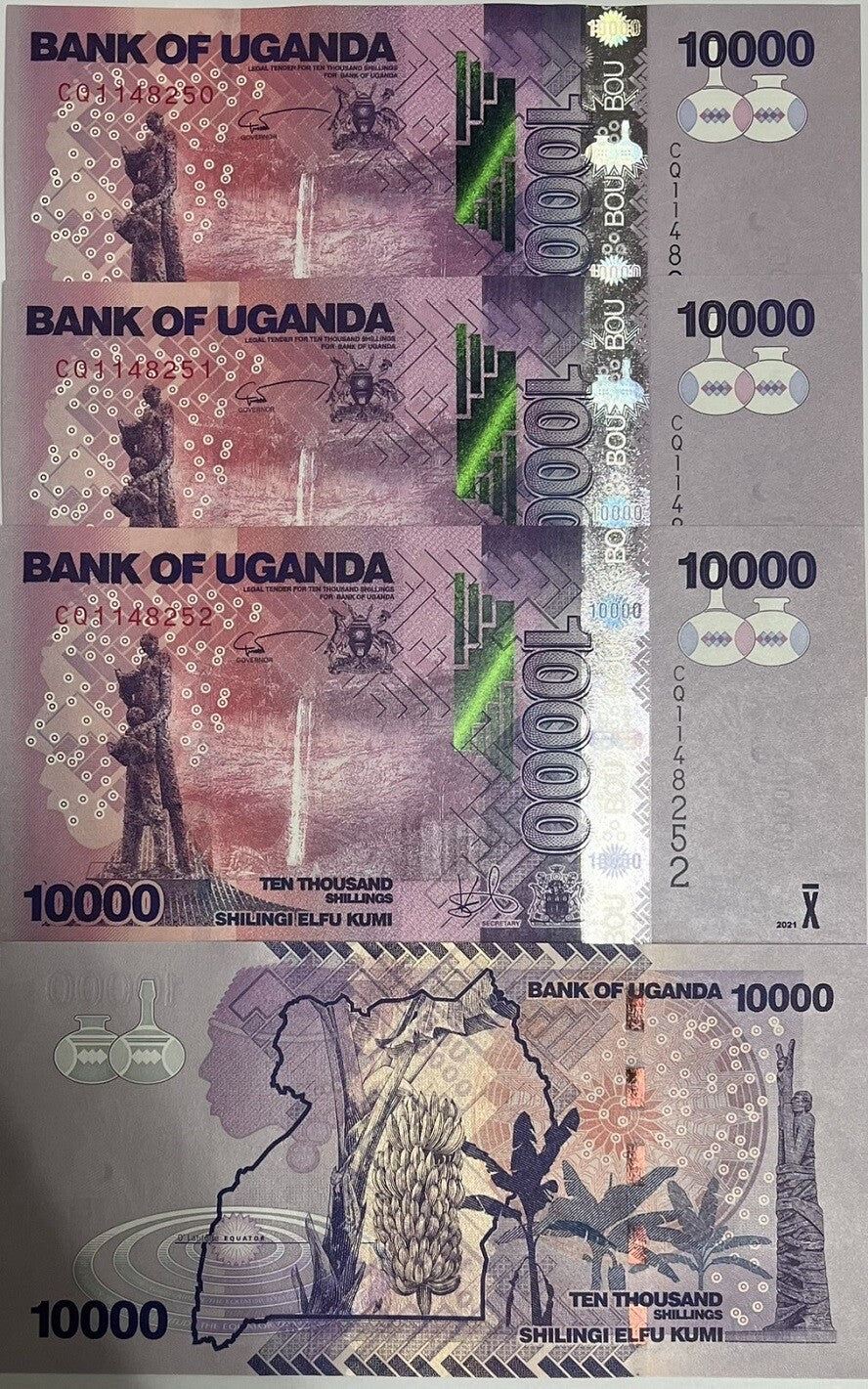 Uganda 10000 Shillings 2021 P 52 UNC Banana trees, monument Kampala LOT 3 PCS