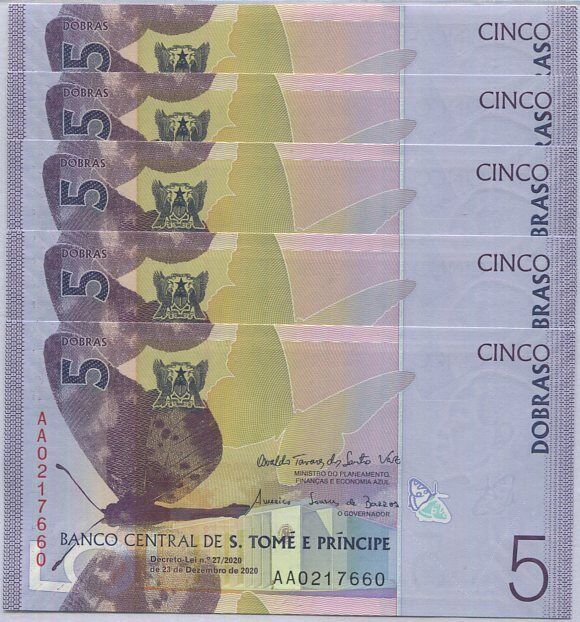 Saint Thomas & Prince 5 Dobras 2020/2021 Paper P 76 Lot 5 Pcs UNC