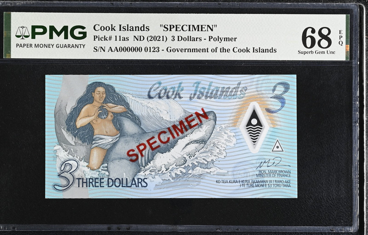 Cook Islands 3 Dollars ND 2021 P 11 s Polymer SPECIMEN Superb Gem UNC PMG 68 EPQ