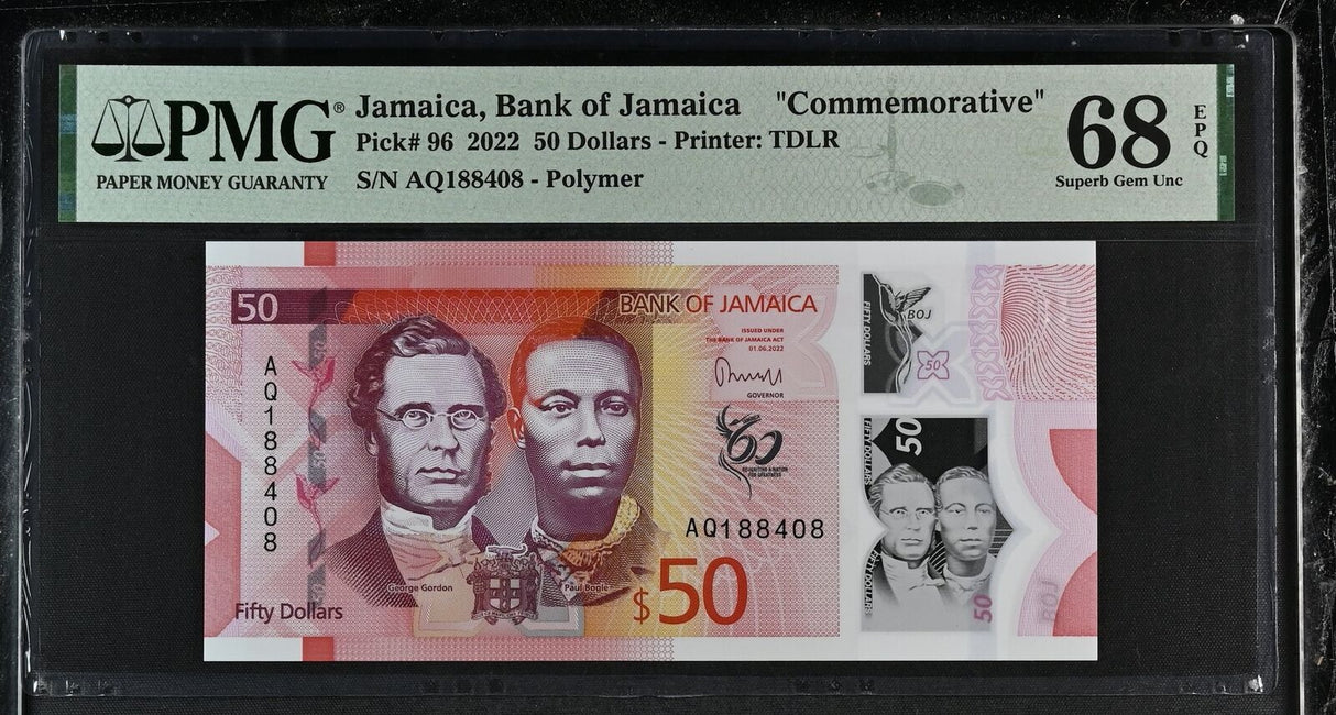 Jamaica 50 Dollars 2022 P 96 Comm. AQ Prefix Superb Gem UNC PMG 68 EPQ