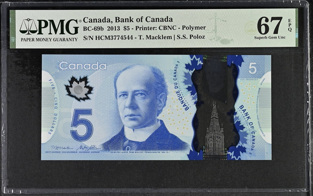 Canada 5 Dollars 2013 P 106 Polymer Macklem Poloz Superb Gem UNC PMG 67 EPQ