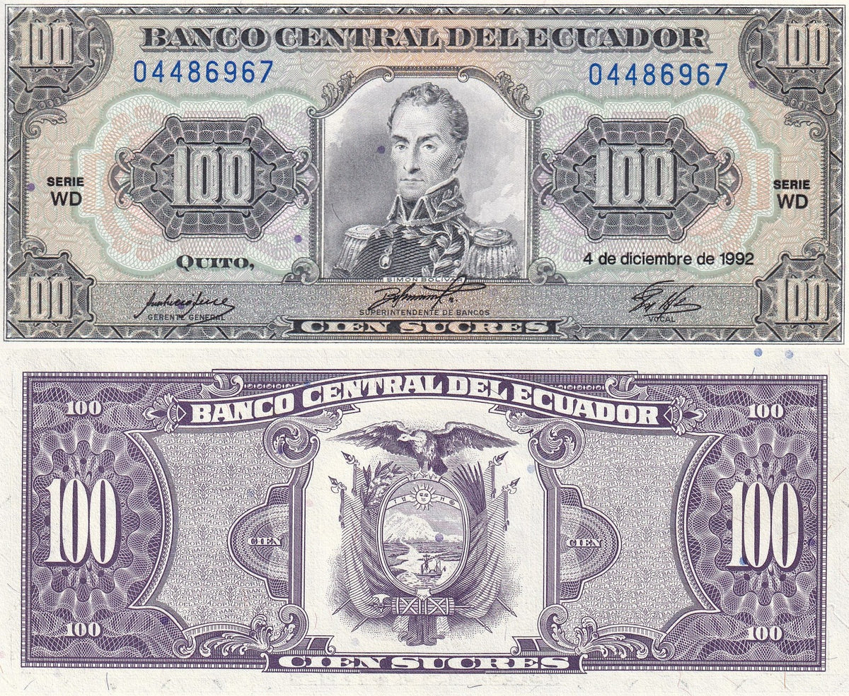 Ecuador 100 Sucres 1992 P 123Ab UNC , Simon Bolívar Arms , issued note