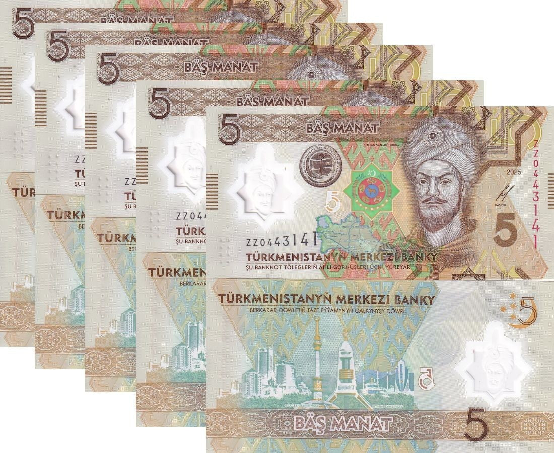 Turkmenistan 5 Manat 2025 / 2026 POLYMER Peace P new ZZ Replacement LOT 5 UNC