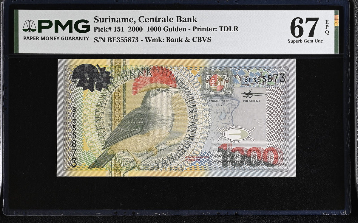 Suriname 1000 Gulden 2000 Bird P 151 Superb Gem UNC PMG 67 EPQ