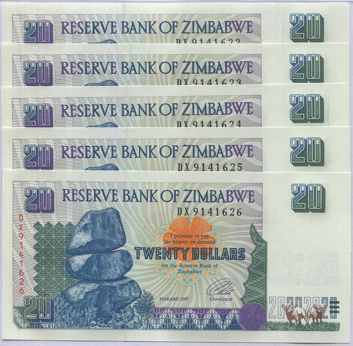 Zimbabwe 20 Dollars 1997 P 7 UNC LOT 5 PCS