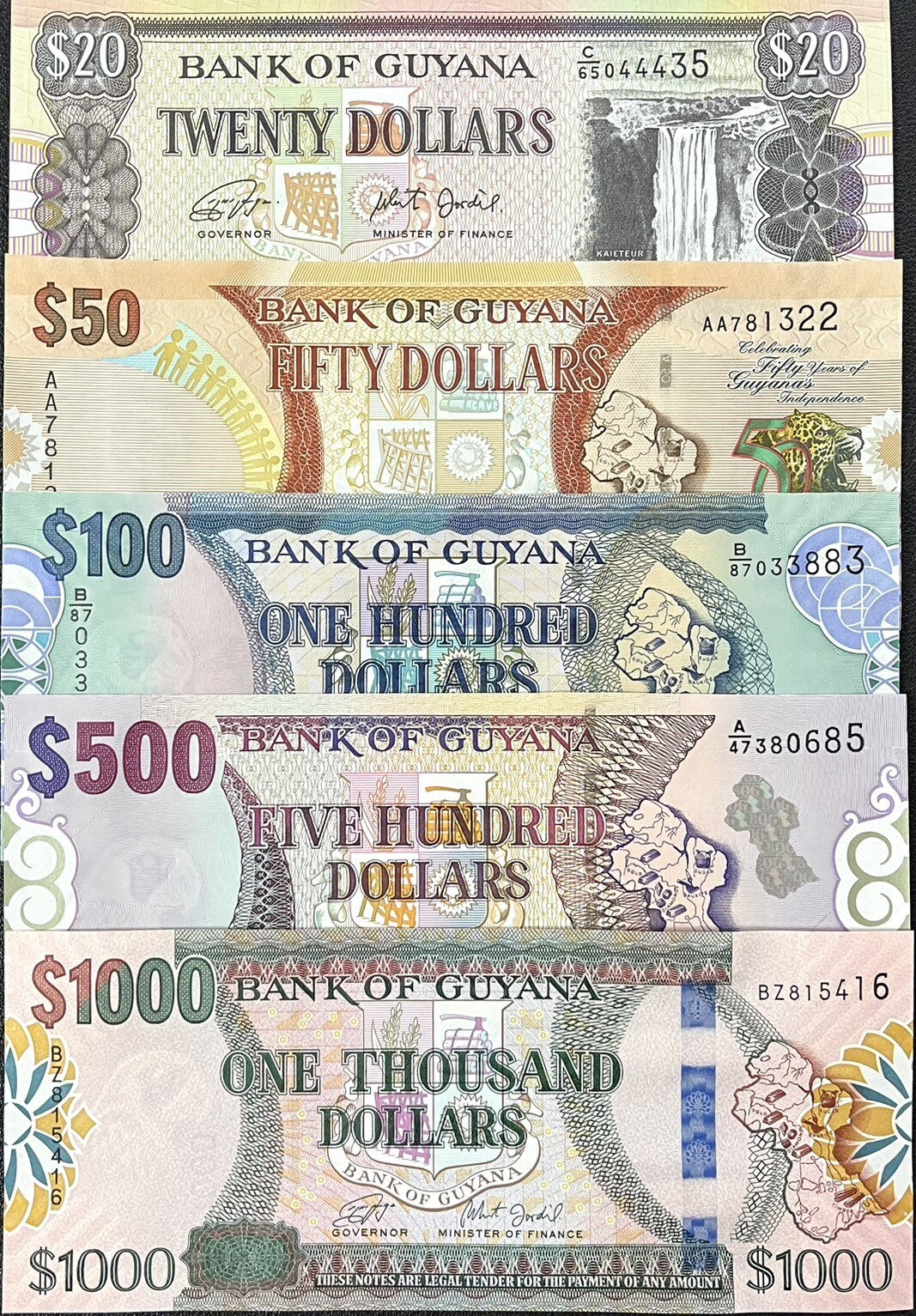 Guyana Set 5 Pcs 20 50 100 500 1000 Dollars Random Date P 30 36 37 38 P 41 UNC