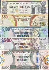 Guyana Set 5 Pcs 20 50 100 500 1000 Dollars Random Date P 30 36 37 38 P 41 UNC