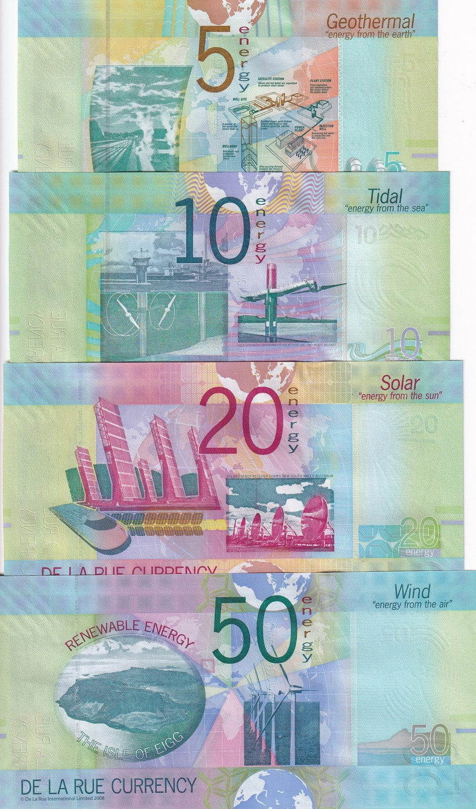 TEST NOTE set 4 UNC 5 10 20 50, Solar Wind,DE LA RUE ,REnewable Energy W folder