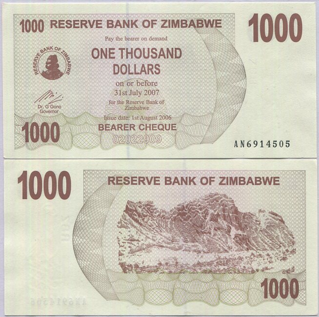 Zimbabwe 1000 Dollars 2006 P 44 UNC, Terraced hills , Bearer Cheque