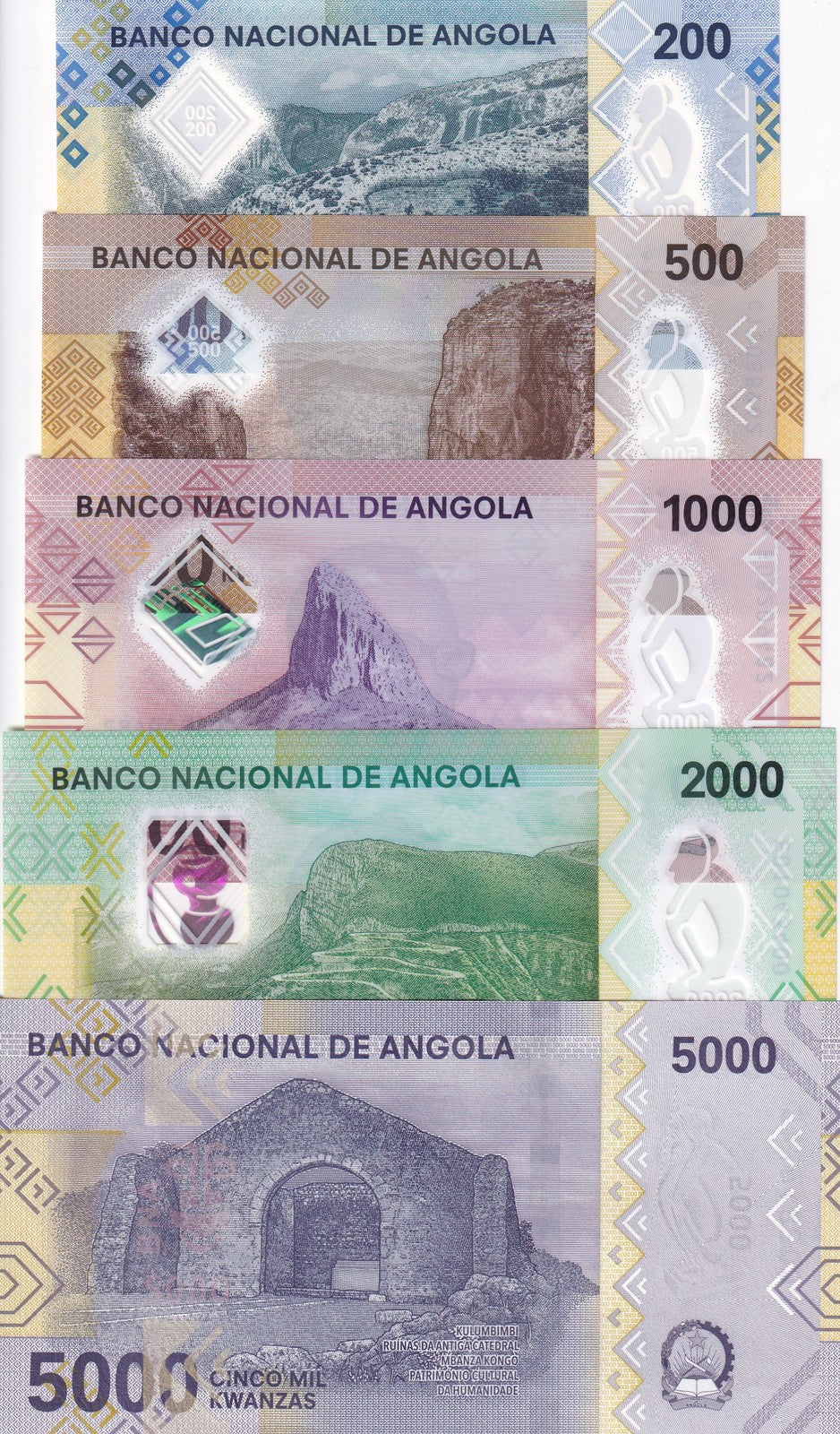 Angola Set 5 UNC 200 500 1000 2000 5000 Kwanzas 2020/2025 P 160-P 164