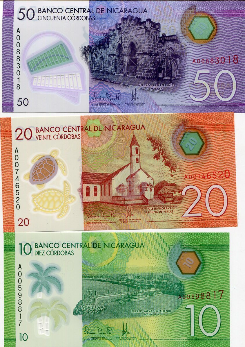 Nicaragua Set 3 Pcs 10 20 50 Cordobas 2014 Polymer P 209 210 211 UNC