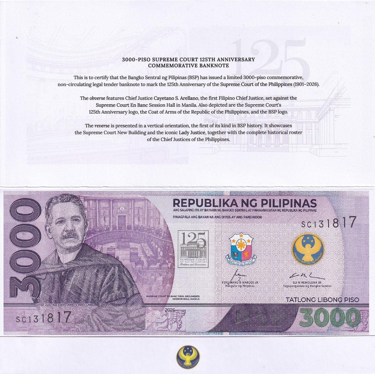 Philippines 3000 Pesos 2026 Commemorative 125th P 242 NEW UNC ,Justice W/Folder
